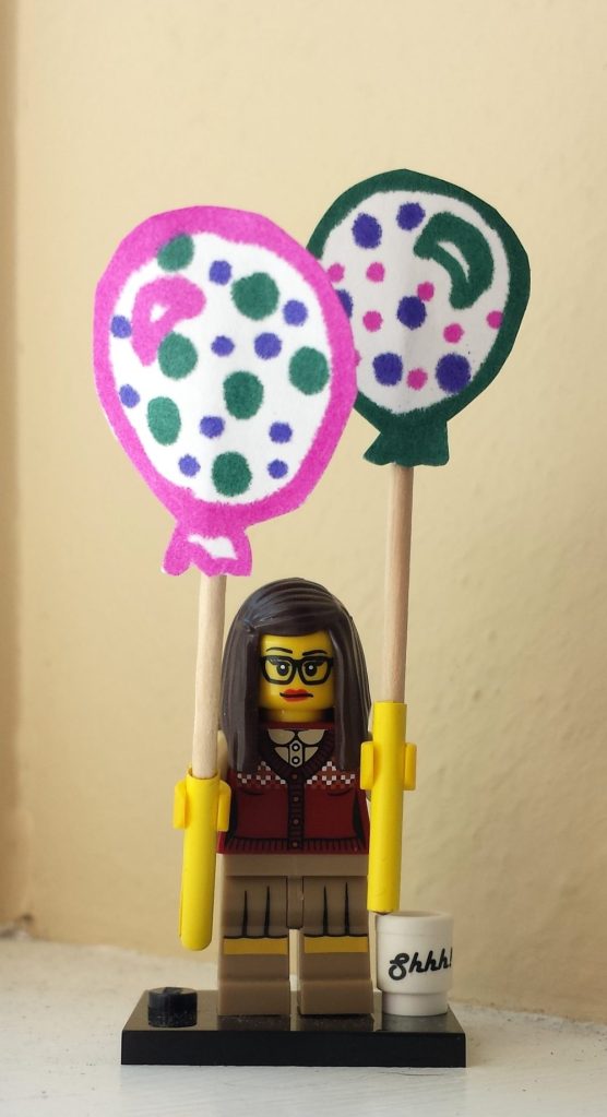 Lego Librarian with balloons