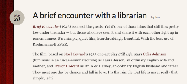 Brief encounter post on Reel Librarians