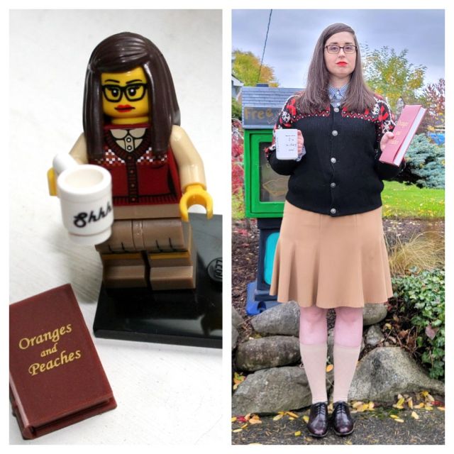 Collage of the Lego Librarian minifigure (left) and my Lego Librarian costume (right)